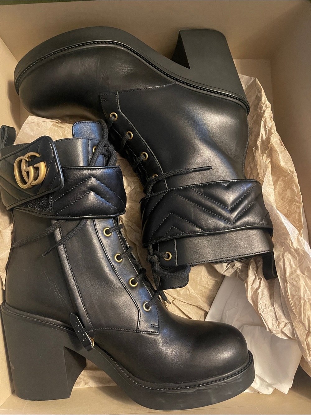 Gucci Black Leather Lace-Up Platform Ankle Boots with Gold GG Strap
